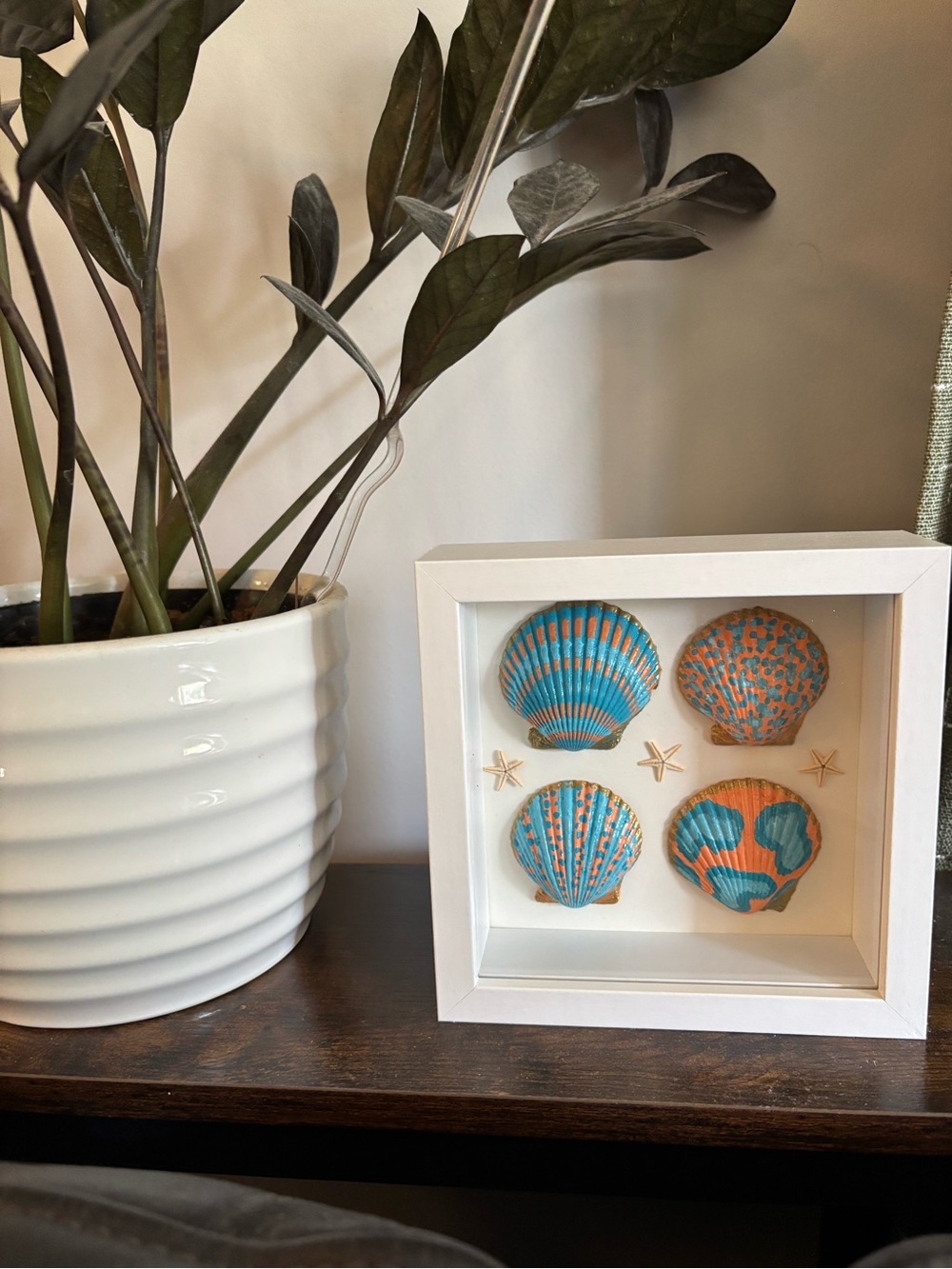 Hand Crafted Framed Blue and Orange Seashell Wall Decor